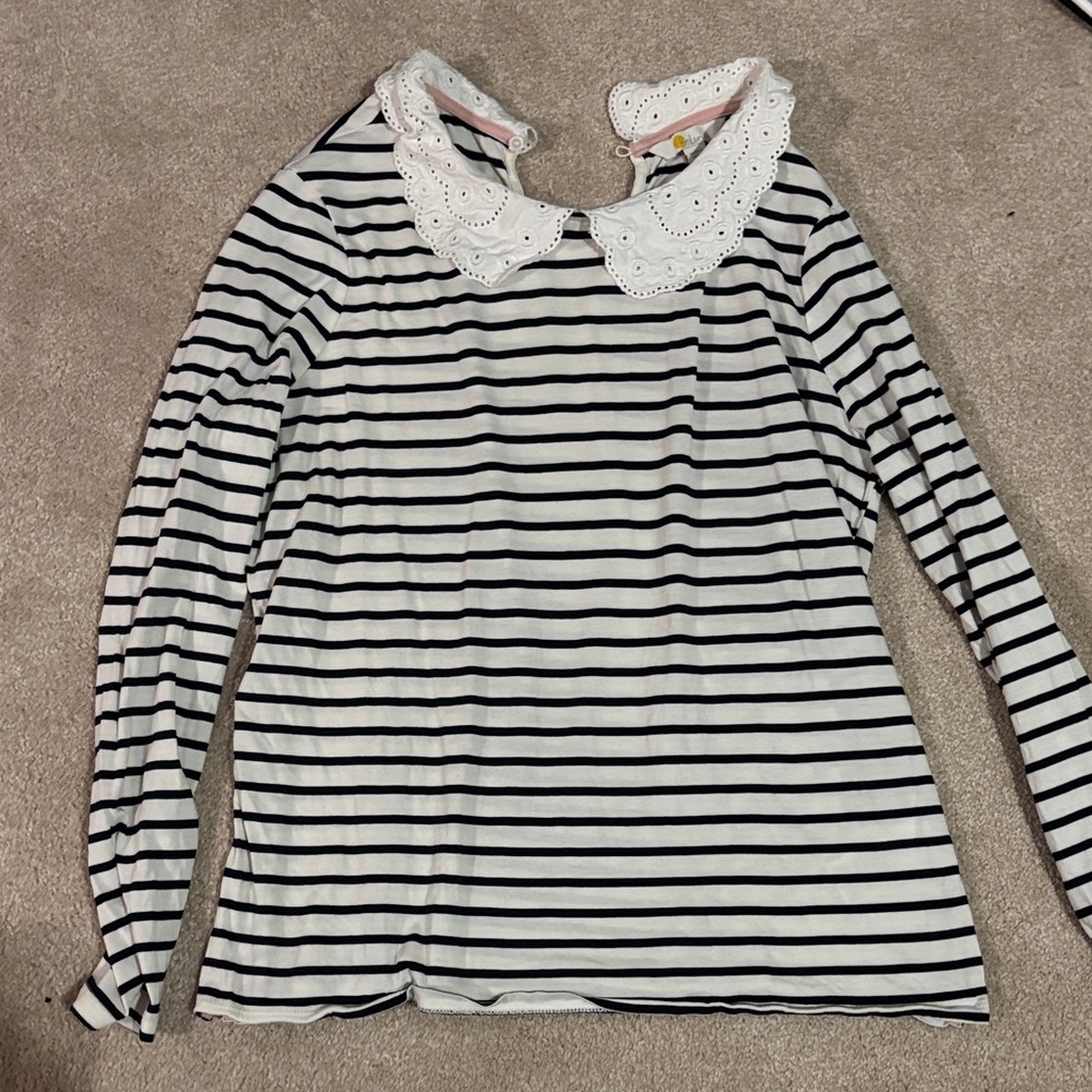 Boden Black and White Striped Women’s Longsleeve with Lace Collar